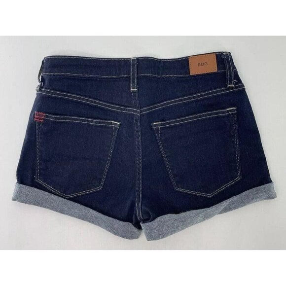 BDG Womens Mid Rise Shortie Shorts Dark‎ Wash Stretch Denim Cuffed Size 24w - Picture 2 of 8